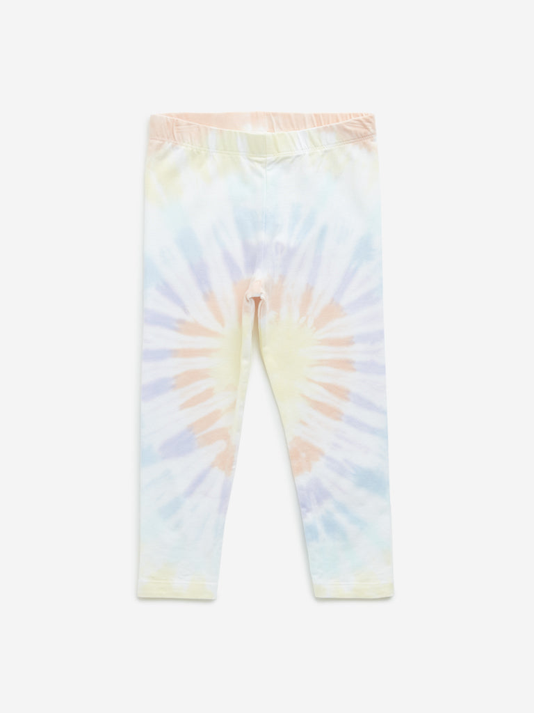 HOP Kids Yellow Tie-Dye Design Mid-Rise Cotton Blend Leggings