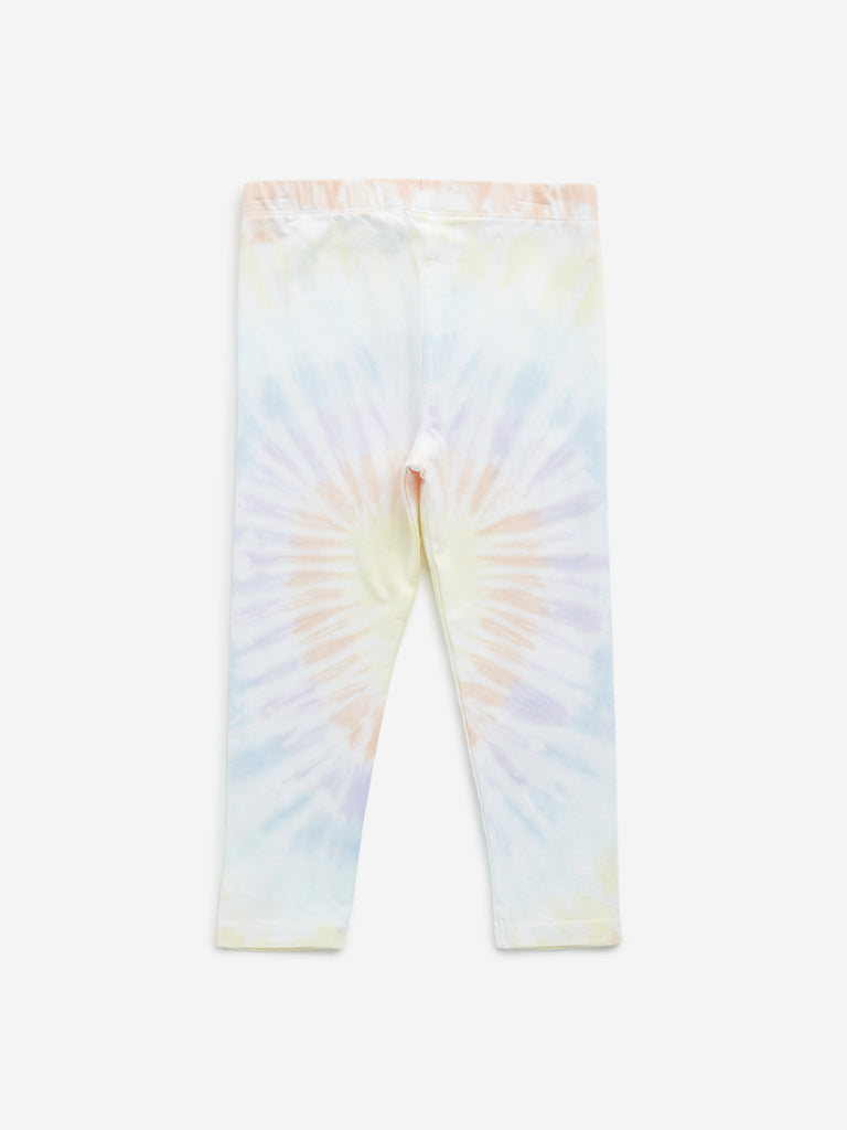 HOP Kids Yellow Tie-Dye Design Mid-Rise Cotton Blend Leggings