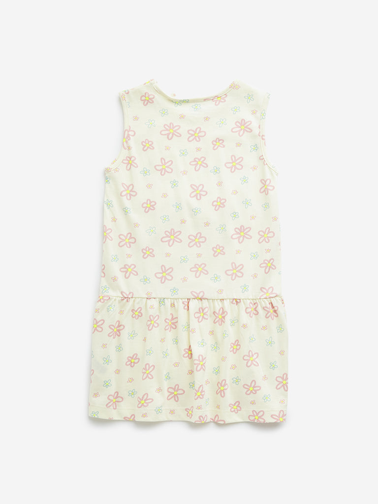 HOP Kids Light Yellow Floral Printed Drop-Waist Cotton Dress