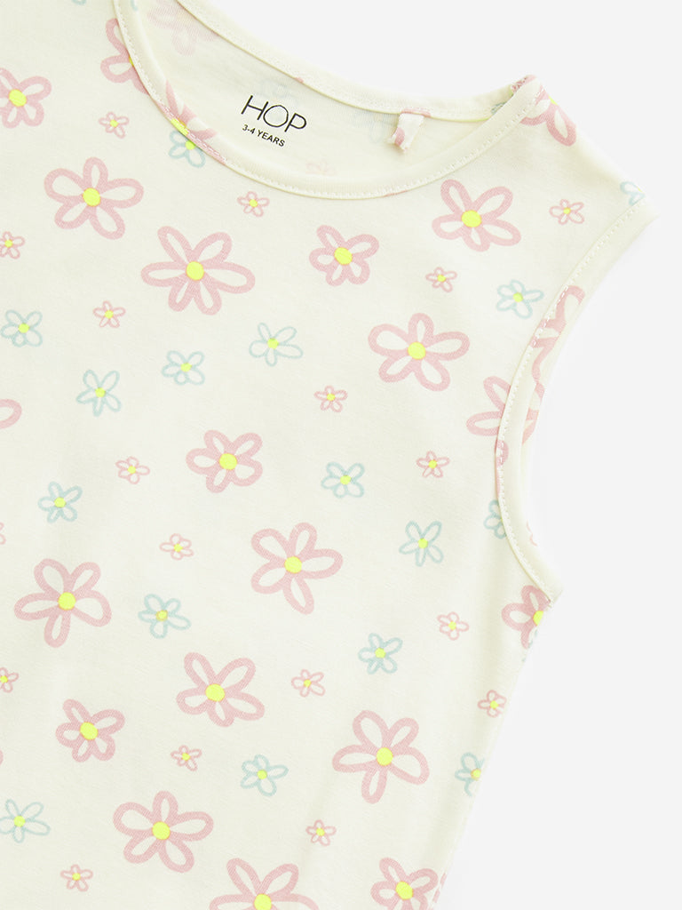 HOP Kids Light Yellow Floral Printed Drop-Waist Cotton Dress