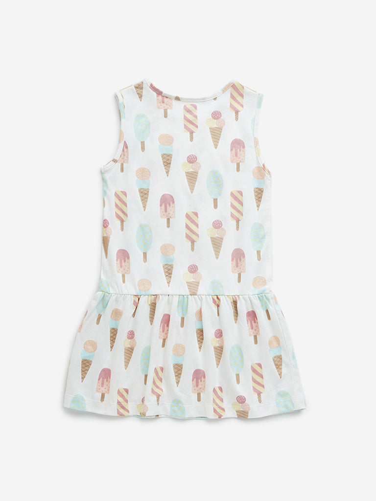 HOP Kids Off-White Ice-Cream Design Drop-Waist Cotton Dress