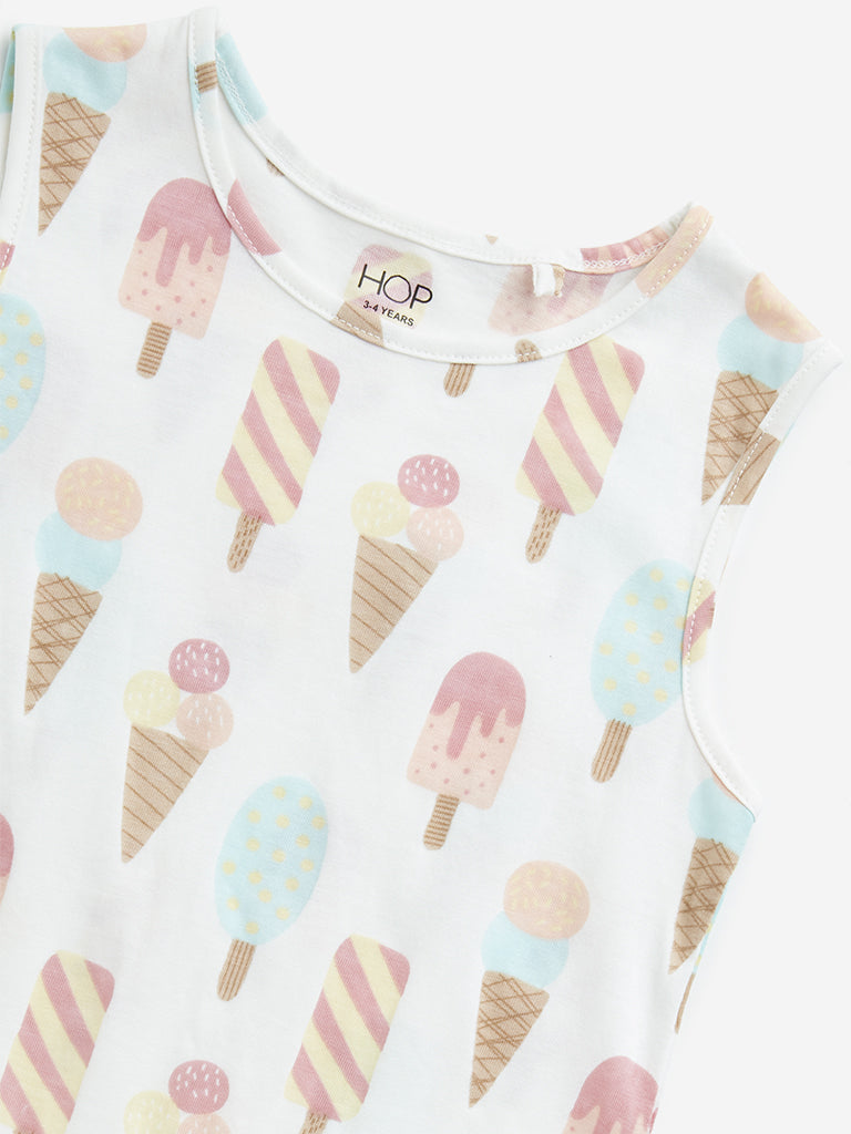 HOP Kids Off-White Ice-Cream Design Drop-Waist Cotton Dress