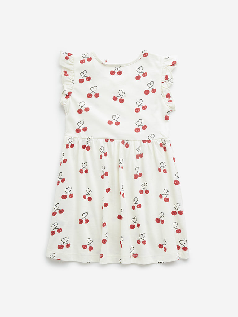 HOP Kids Off-White Cherry Printed Casual Cotton Dress