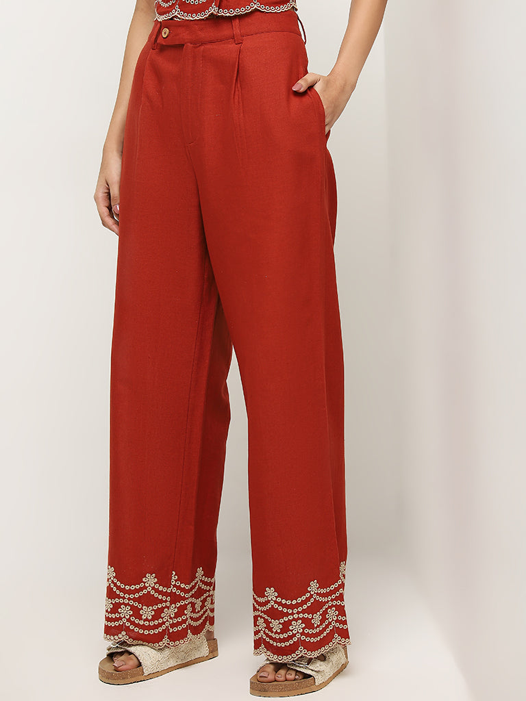 Bombay Paisley Red Schiffli Design High-Rise Cotton Pants