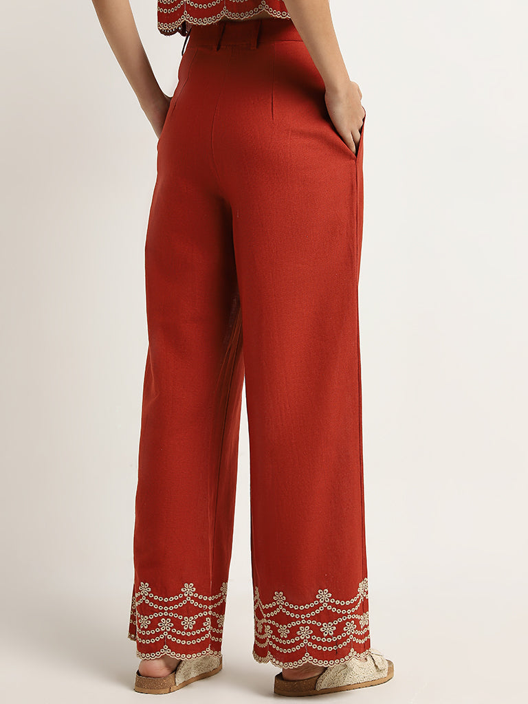 Bombay Paisley Red Schiffli Design High-Rise Cotton Pants