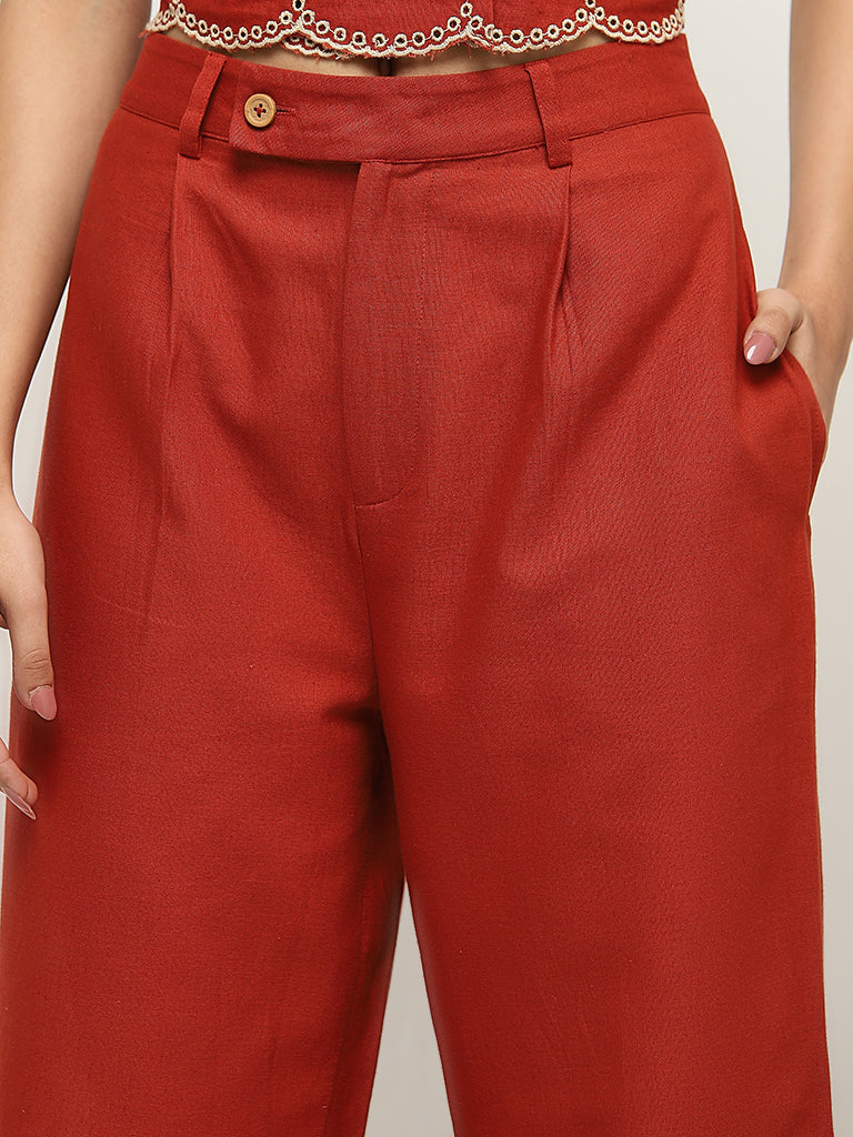 Bombay Paisley Red Schiffli Design High-Rise Cotton Pants