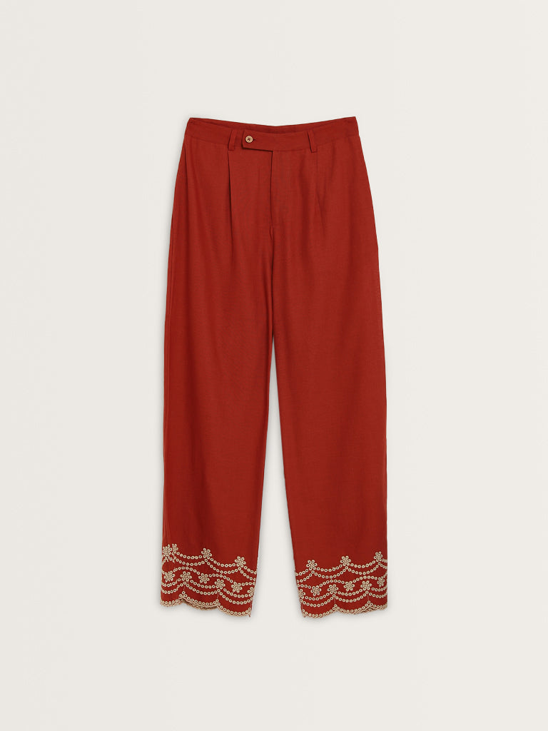 Bombay Paisley Red Schiffli Design High-Rise Cotton Pants