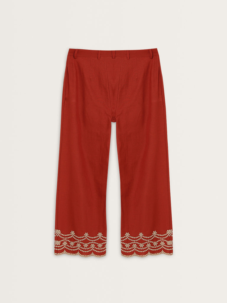 Bombay Paisley Red Schiffli Design High-Rise Cotton Pants