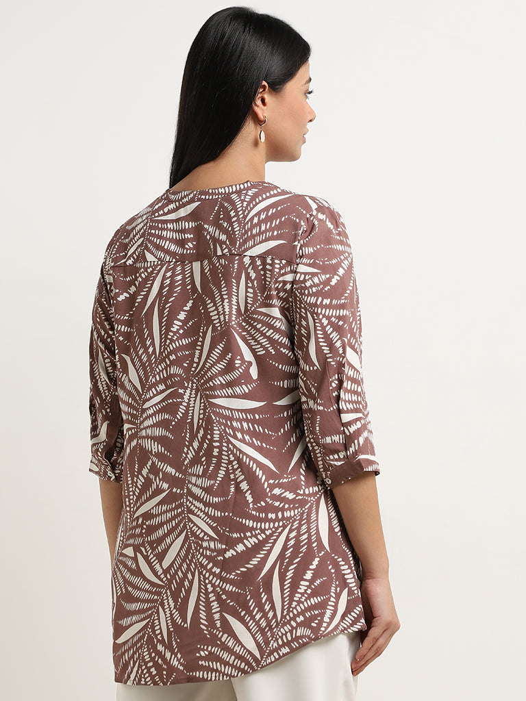 Diza Brown Leaf Printed Straight Kurti