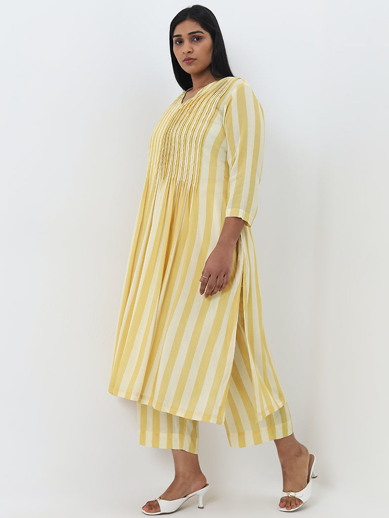 Diza Yellow Striped Pintuck Detailed A-Line Cotton Kurta