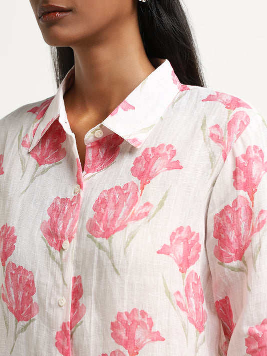 Zuba Pink Floral Design Straight Linen Tunic