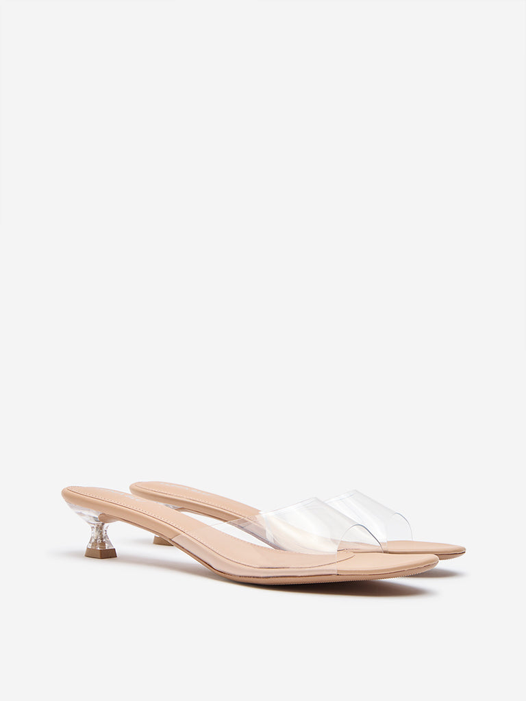 LUNA BLU Beige Vinyl Strap Kitten Heel Sandals