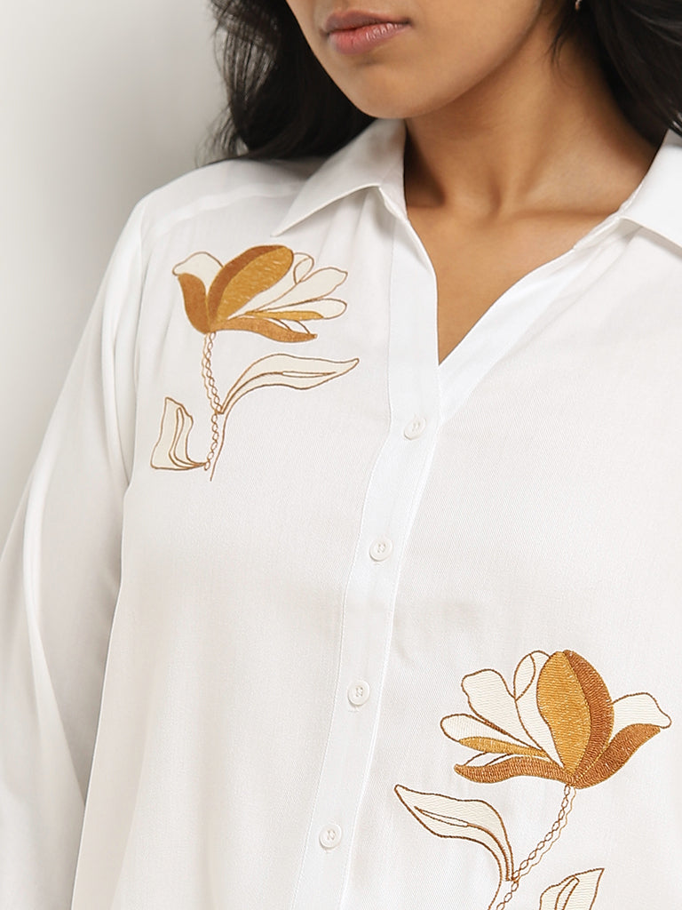 Gia White Floral Embroidered Shirt