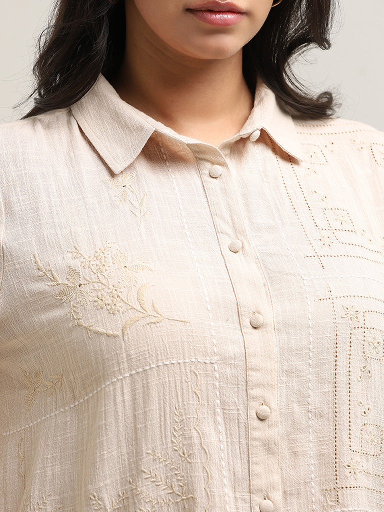 Gia Beige Floral Embroidered Cotton Shirt