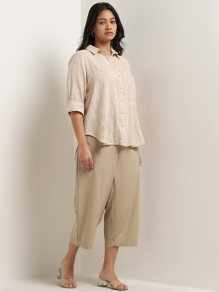 Gia Beige Floral Embroidered Cotton Shirt