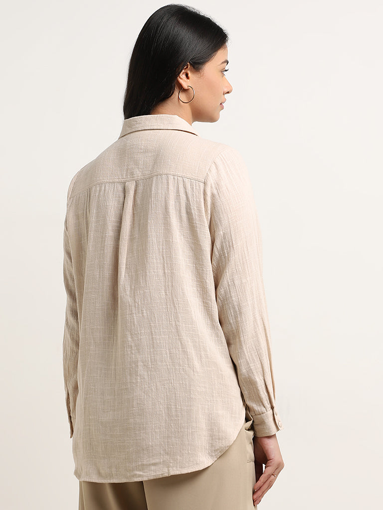 Gia Beige Floral Embroidered Cotton Shirt