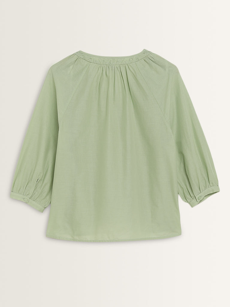 Gia Light Sage Schiffli Detailed Cotton Top