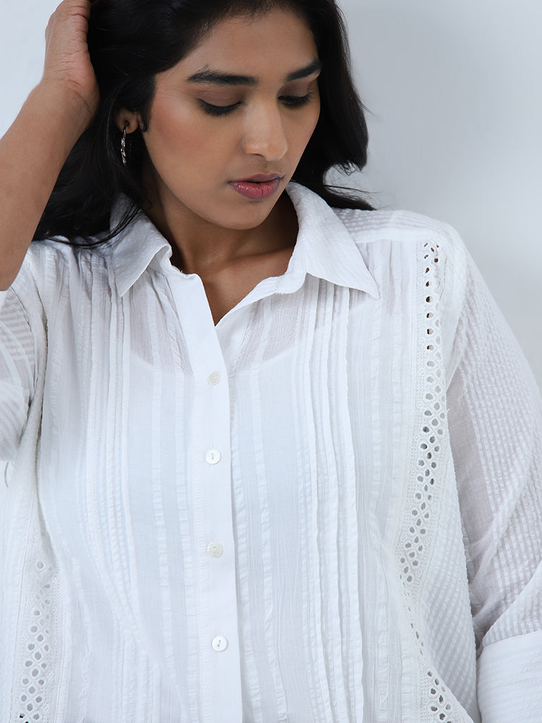 Gia White Schiffli Design Seersucker Cotton Shirt