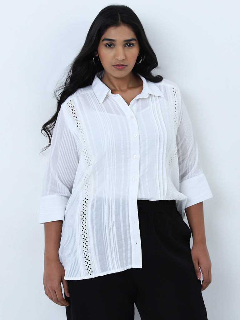 Gia White Schiffli Design Seersucker Cotton Shirt