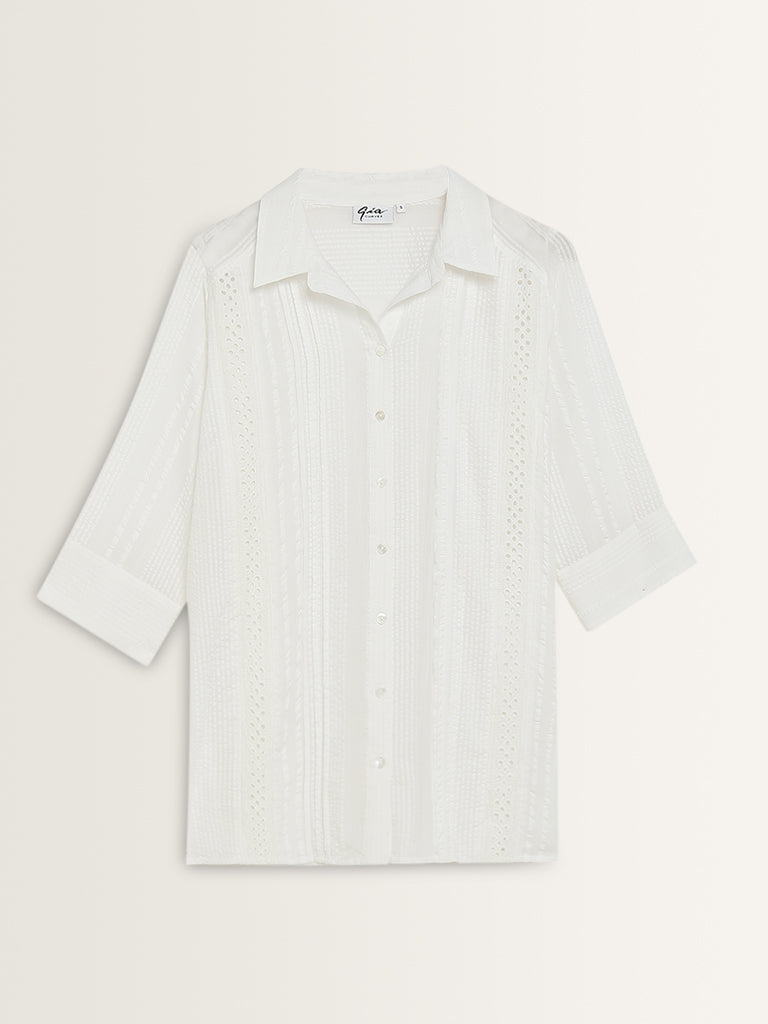 Gia White Schiffli Design Seersucker Cotton Shirt