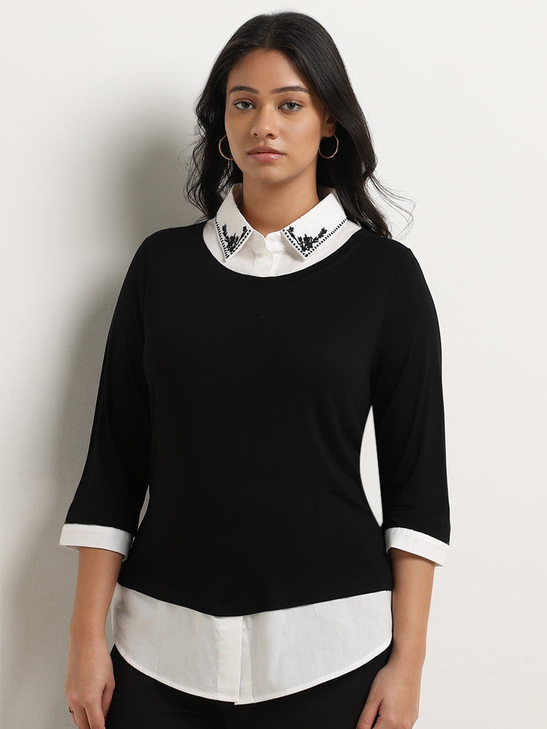 Gia Black Embroidered Collared T-Shirt