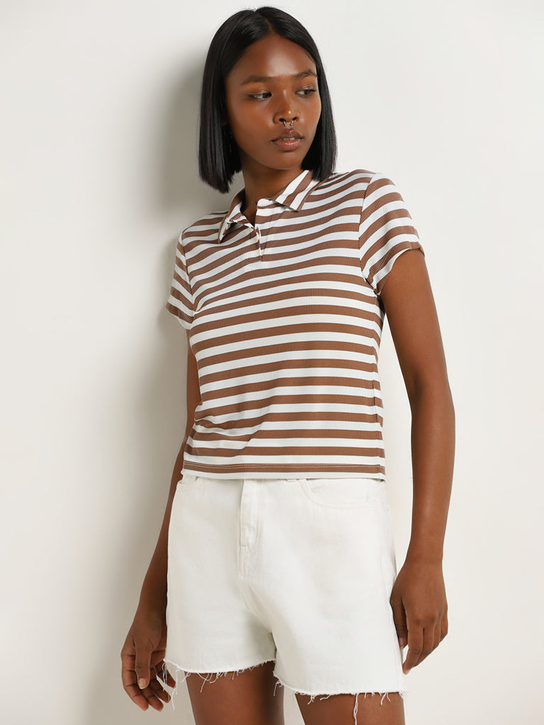 Nuon Brown Striped Collared T-Shirt