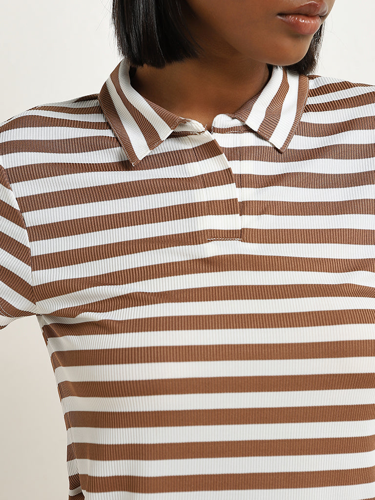 Nuon Brown Striped Collared T-Shirt