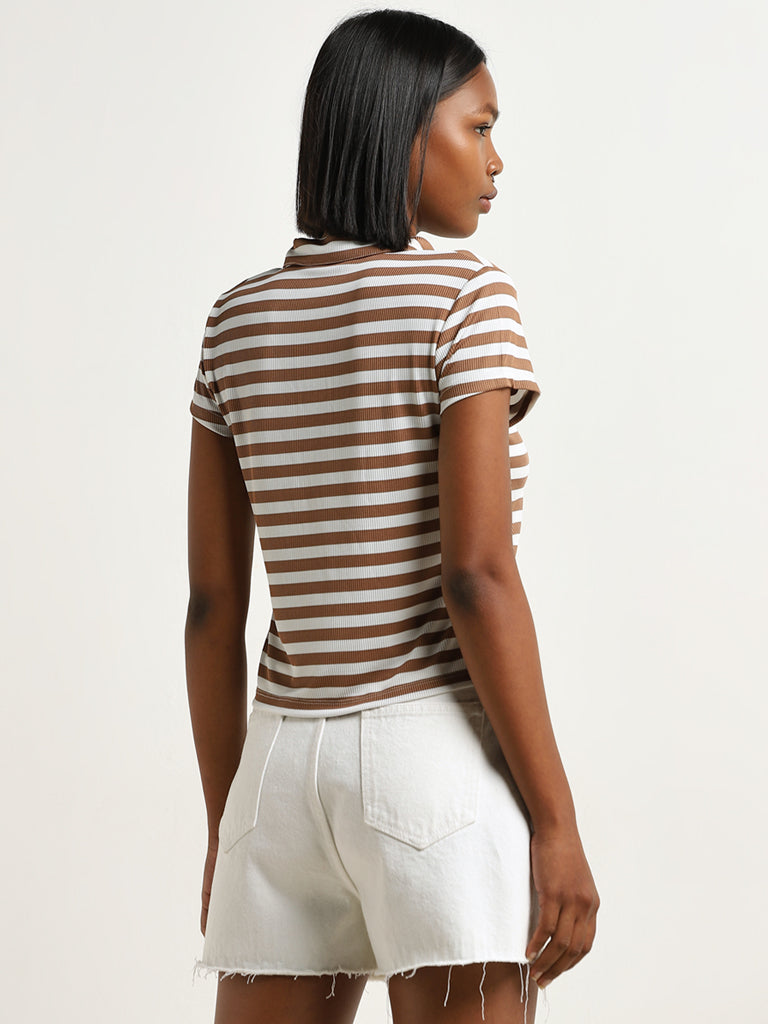 Nuon Brown Striped Collared T-Shirt