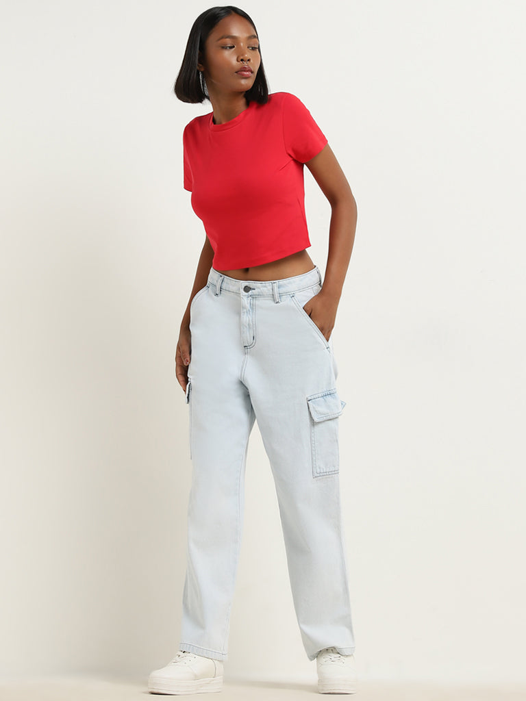 Nuon Red Solid Cropped Cotton Blend T-Shirt