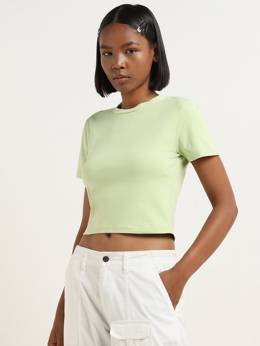Nuon Lime Solid Cropped Cotton Blend T-Shirt