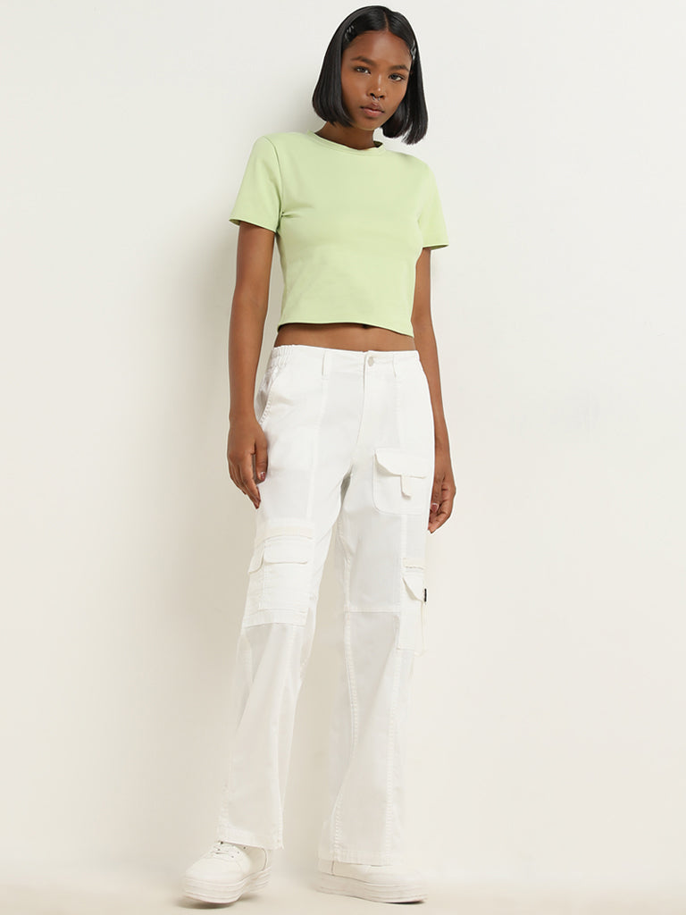 Nuon Lime Solid Cropped Cotton Blend T-Shirt