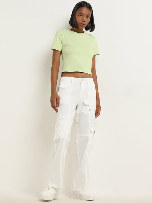 Nuon Lime Solid Cropped Cotton Blend T-Shirt