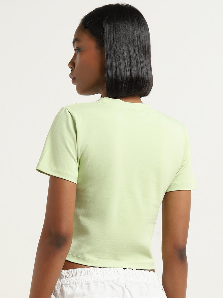 Nuon Lime Solid Cropped Cotton Blend T-Shirt