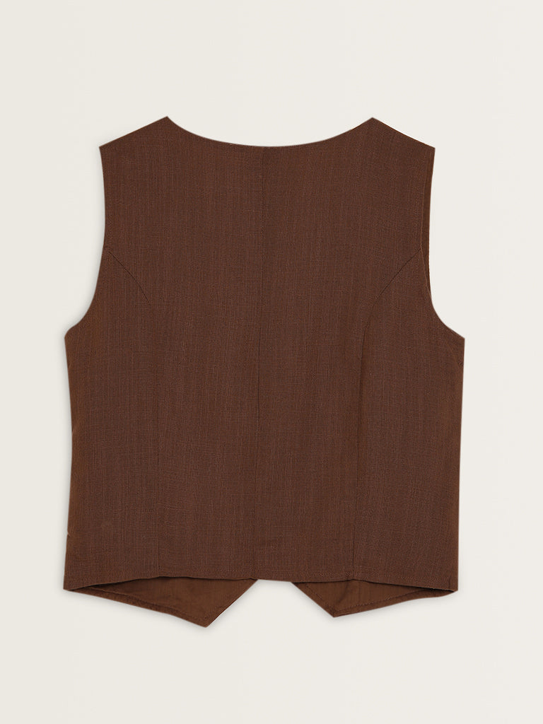 LOV Dark Brown Waistcoat-Style Blended Linen Top