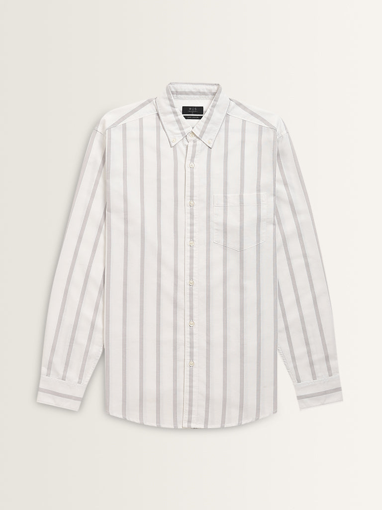 WES Casuals Light Grey Striped Relaxed-Fit Cotton Shirt