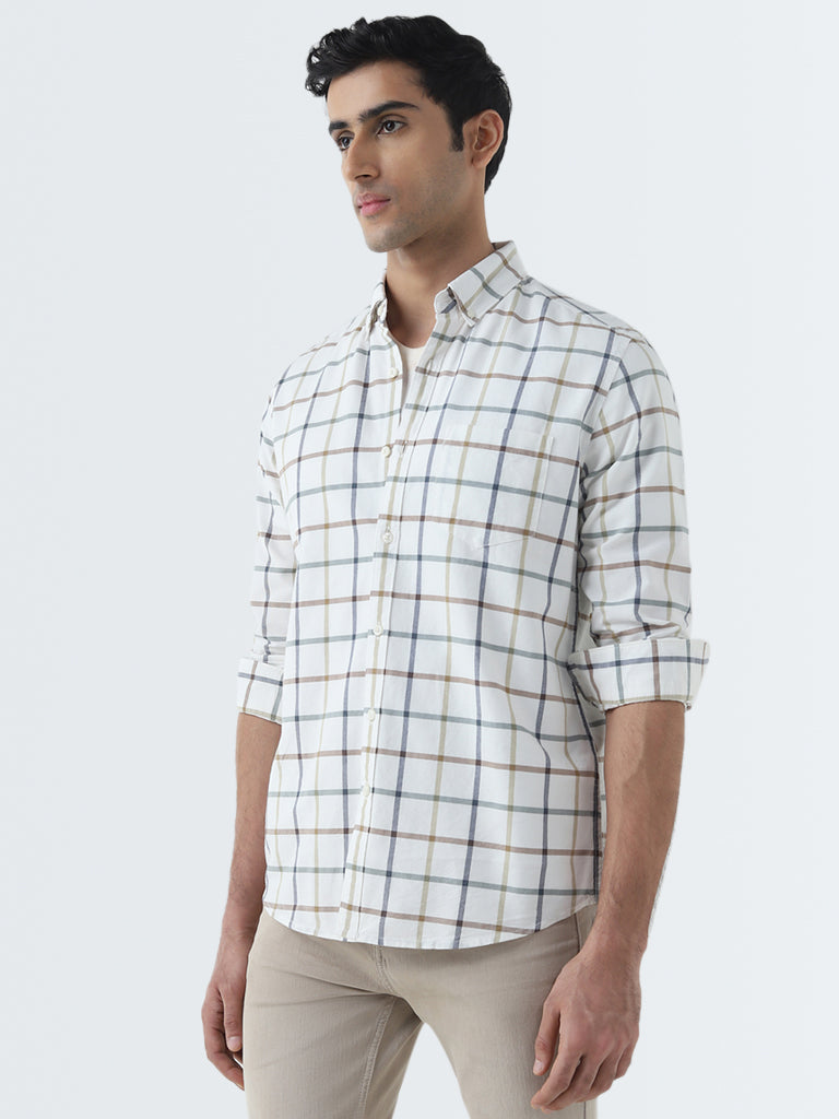 WES Casuals White Checkered Design Slim-Fit Cotton Shirt