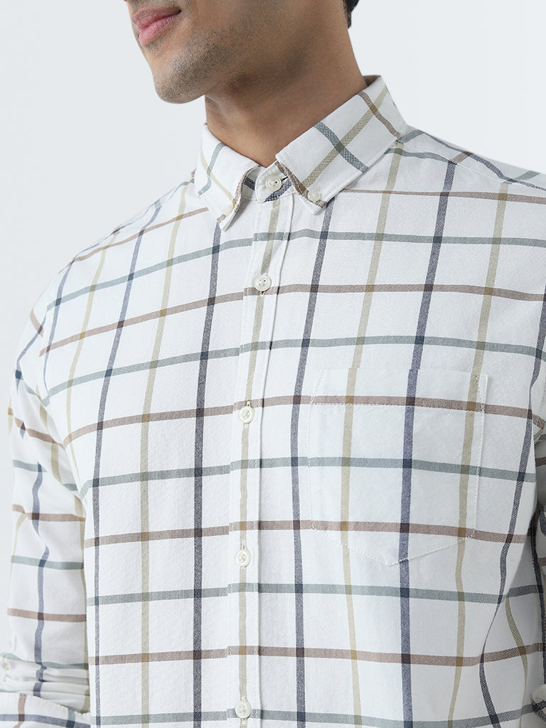 WES Casuals White Checkered Design Slim-Fit Cotton Shirt