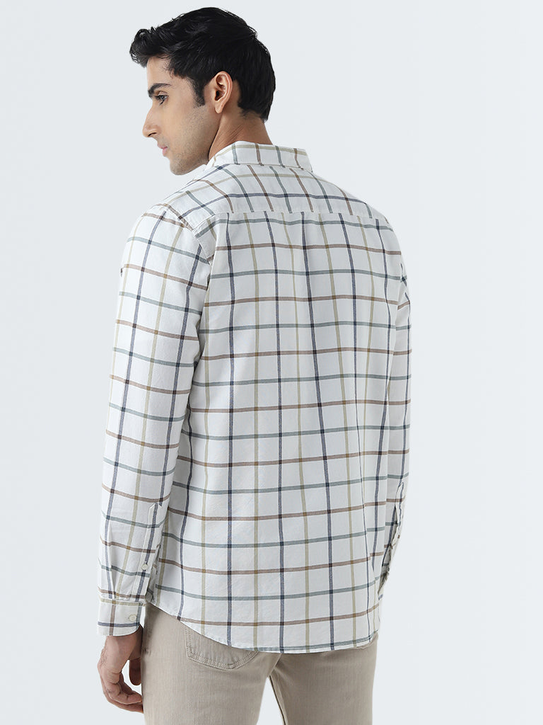 WES Casuals White Checkered Design Slim-Fit Cotton Shirt