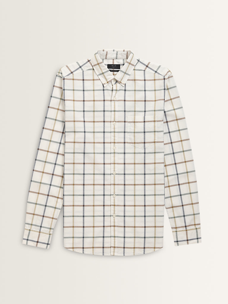 WES Casuals White Checkered Design Slim-Fit Cotton Shirt