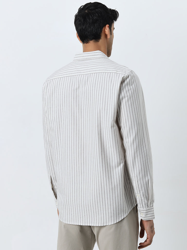 WES Casuals Off-White Striped Slim-Fit Cotton Shirt