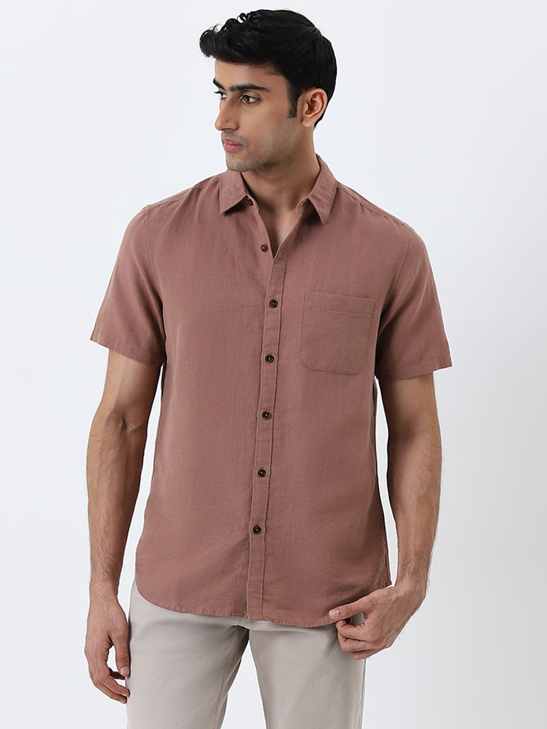 WES Casuals Dusty Rose Slim-Fit Blended Linen Shirt