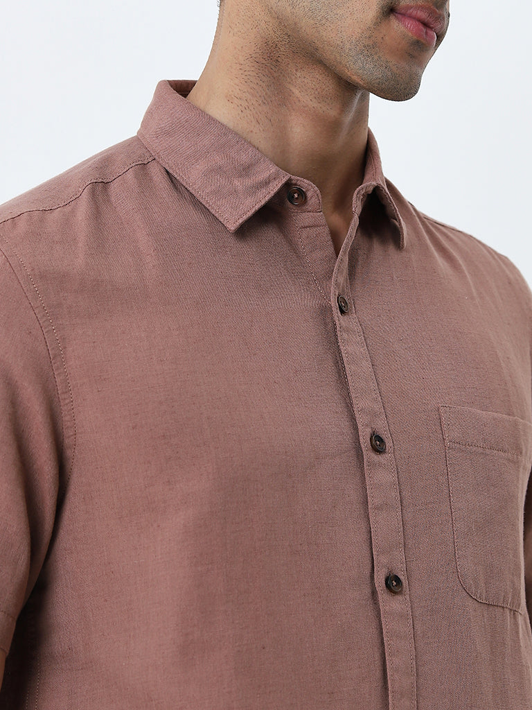 WES Casuals Dusty Rose Slim-Fit Blended Linen Shirt