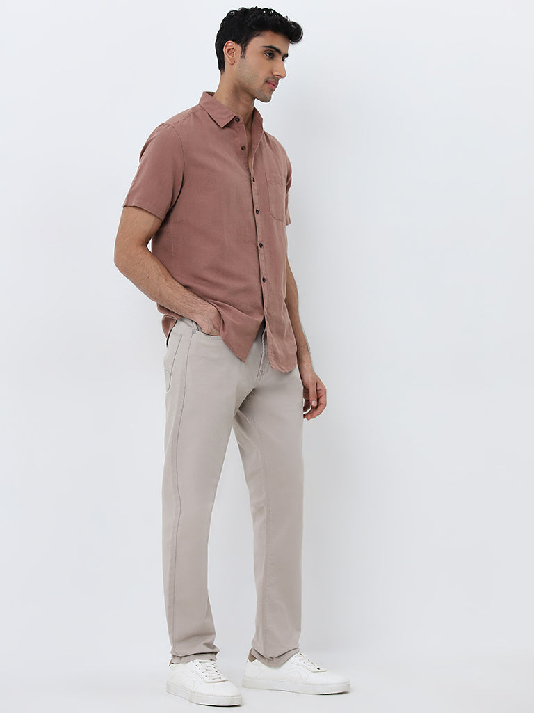 WES Casuals Dusty Rose Slim-Fit Blended Linen Shirt