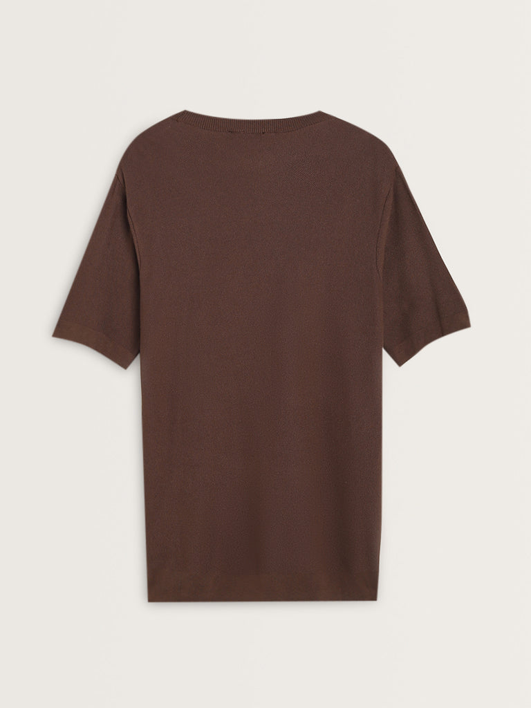 WES Formals Dark Brown Slim-Fit Cotton Blend T-Shirt