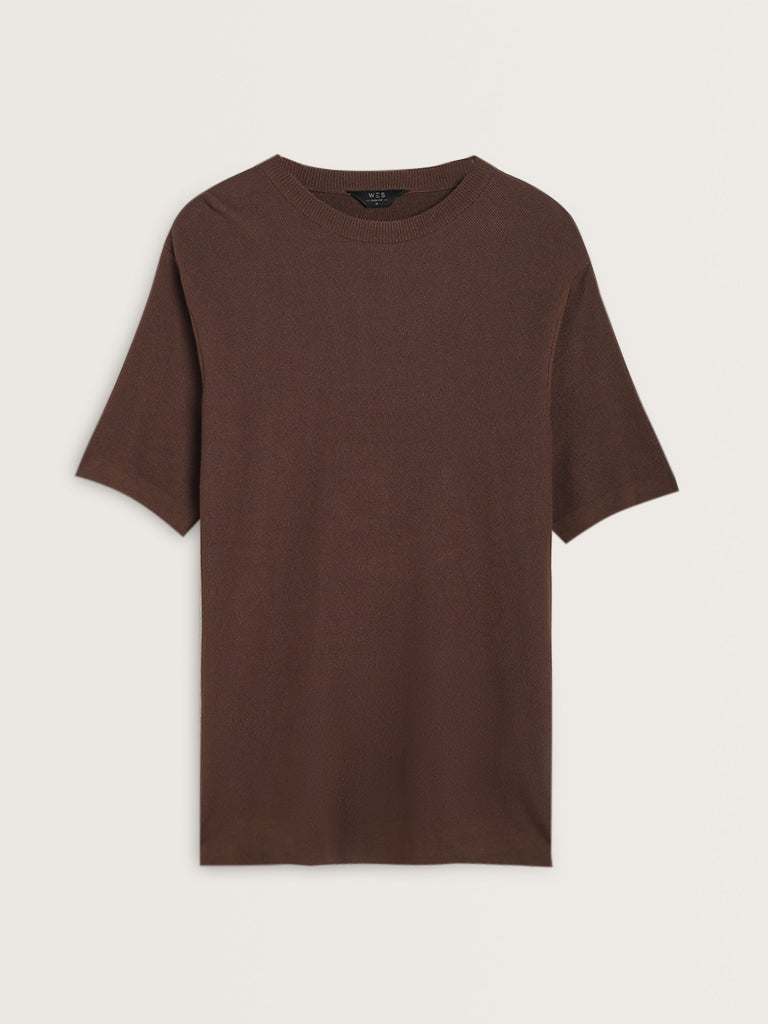 WES Formals Dark Brown Slim-Fit Cotton Blend T-Shirt