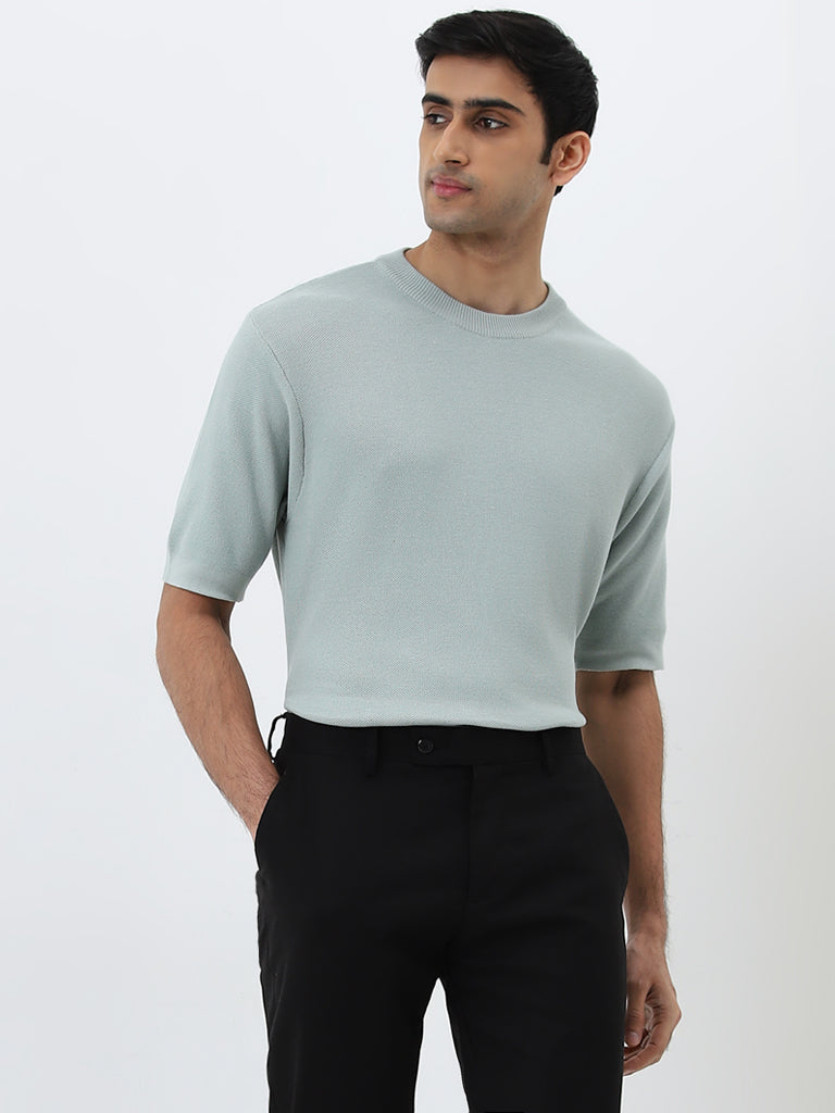 WES Formals Light Blue Solid Slim-Fit T-Shirt