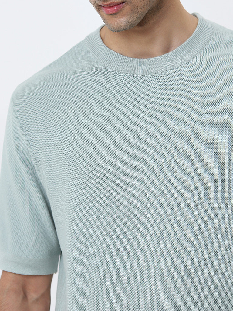 WES Formals Light Blue Solid Slim-Fit T-Shirt