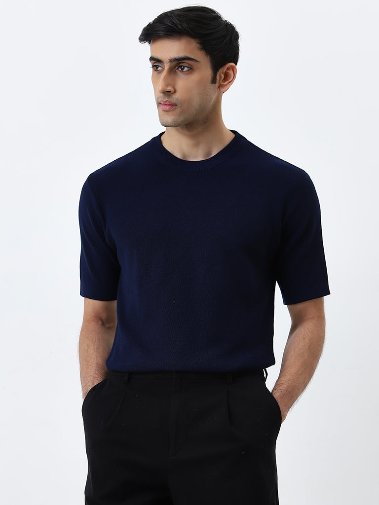 WES Formals Dark Indigo Solid Slim-Fit Cotton T-Shirt