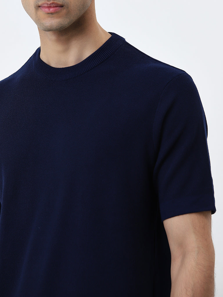 WES Formals Dark Indigo Solid Slim-Fit Cotton T-Shirt