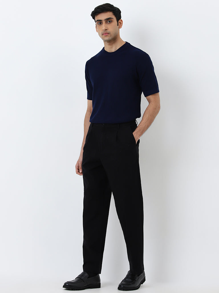 WES Formals Dark Indigo Solid Slim-Fit Cotton T-Shirt